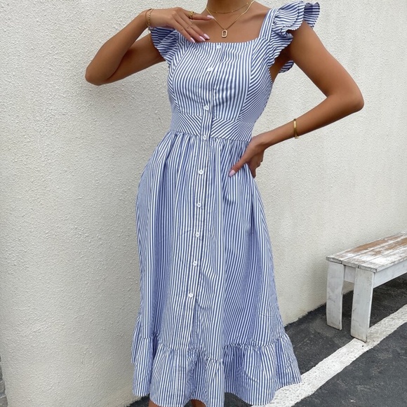 Boho Blue Stripes Ruffle Sleeve Button up Midi Dress - Picture 2 of 5